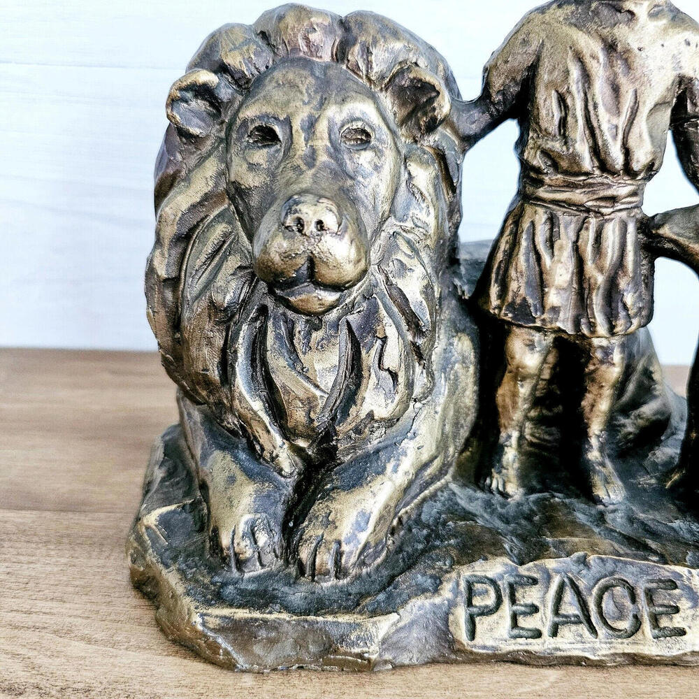 Lamb of God Peace Bronze Colored Heavy Statue Figurine Lion Shepherd Boy - Picture 2 of 9